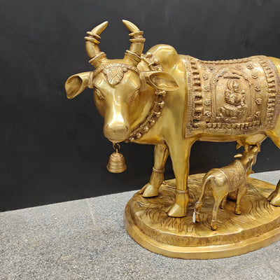 Brass Large Cow With Calf Lakshmi Ganesha Engraved 26 Inch