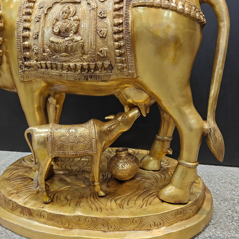 Brass Large Cow With Calf Lakshmi Ganesha Engraved 26 Inch