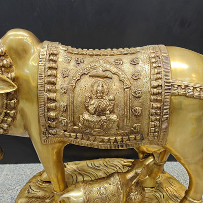 Brass Large Cow With Calf Lakshmi Ganesha Engraved 26 Inch