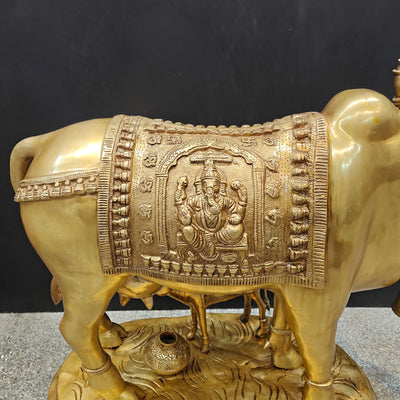 Brass Large Cow With Calf Lakshmi Ganesha Engraved 26 Inch