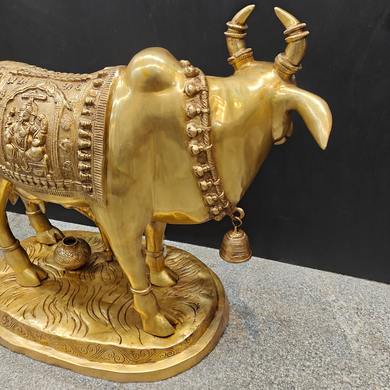 Brass Large Cow With Calf Lakshmi Ganesha Engraved 26 Inch