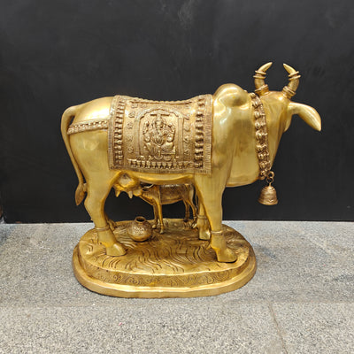 Brass Large Cow With Calf Lakshmi Ganesha Engraved 26 Inch