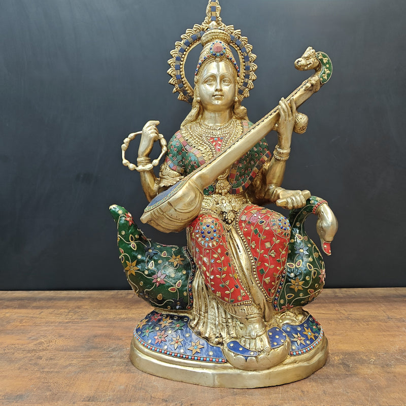 Brass Large Saraswati Idol On Swan Playing Veena Stone Work 28 Inch