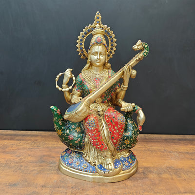 Brass Large Saraswati Idol On Swan Playing Veena Stone Work 28 Inch