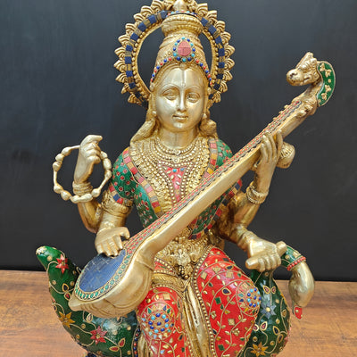 Brass Large Saraswati Idol On Swan Playing Veena Stone Work 28 Inch