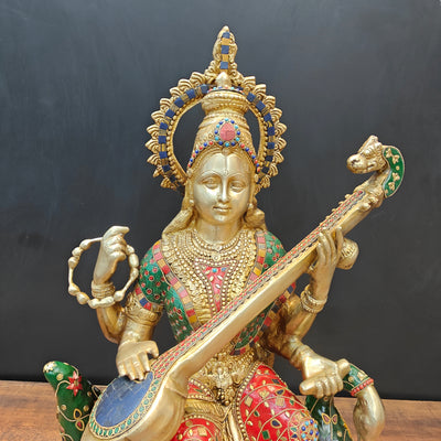 Brass Large Saraswati Idol On Swan Playing Veena Stone Work 28 Inch