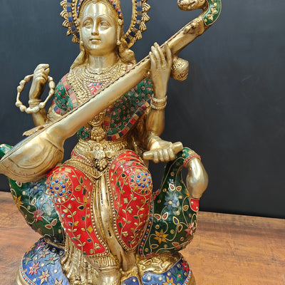 Brass Large Saraswati Idol On Swan Playing Veena Stone Work 28 Inch