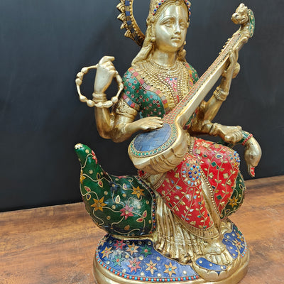 Brass Large Saraswati Idol On Swan Playing Veena Stone Work 28 Inch