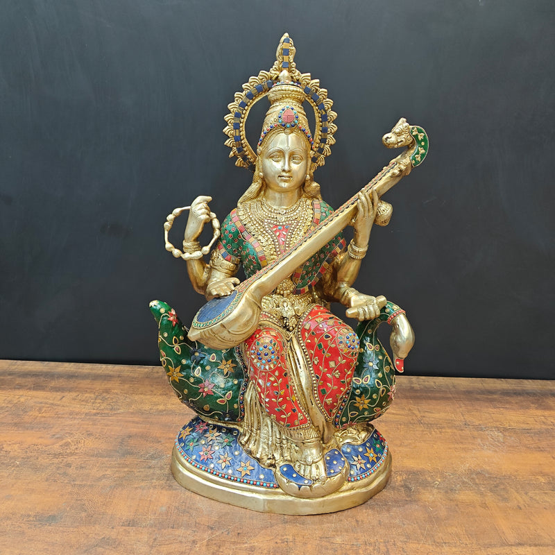 Brass Large Saraswati Idol On Swan Playing Veena Stone Work 28 Inch