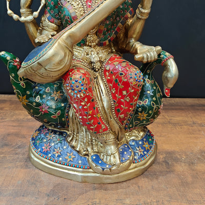 Brass Large Saraswati Idol On Swan Playing Veena Stone Work 28 Inch