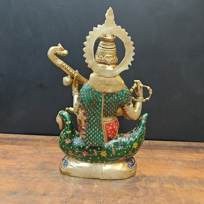 Brass Large Saraswati Idol On Swan Playing Veena Stone Work 28 Inch