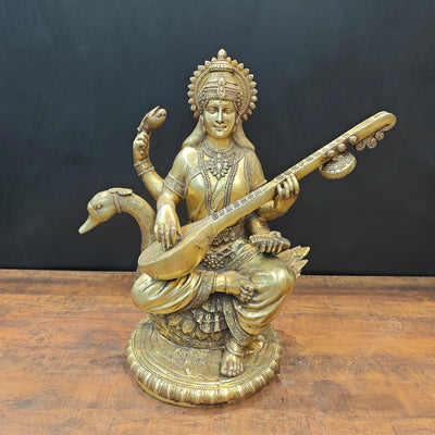 Brass Large Saraswati Statue On Swan Playing Veena 2 Feet