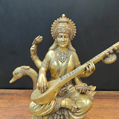 Brass Large Saraswati Statue On Swan Playing Veena 2 Feet