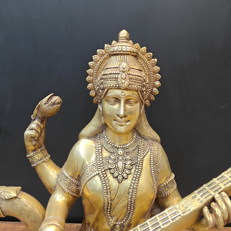 Brass Large Saraswati Statue On Swan Playing Veena 2 Feet