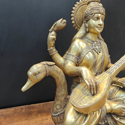 Brass Large Saraswati Statue On Swan Playing Veena 2 Feet