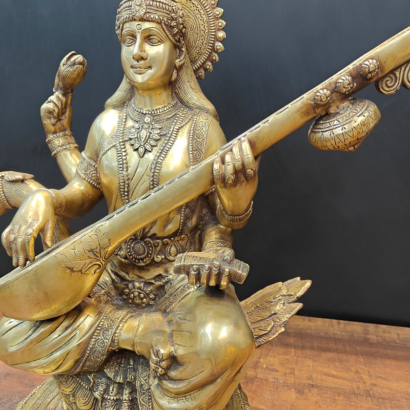 Brass Large Saraswati Statue On Swan Playing Veena 2 Feet