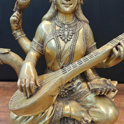 Brass Large Saraswati Statue On Swan Playing Veena 2 Feet