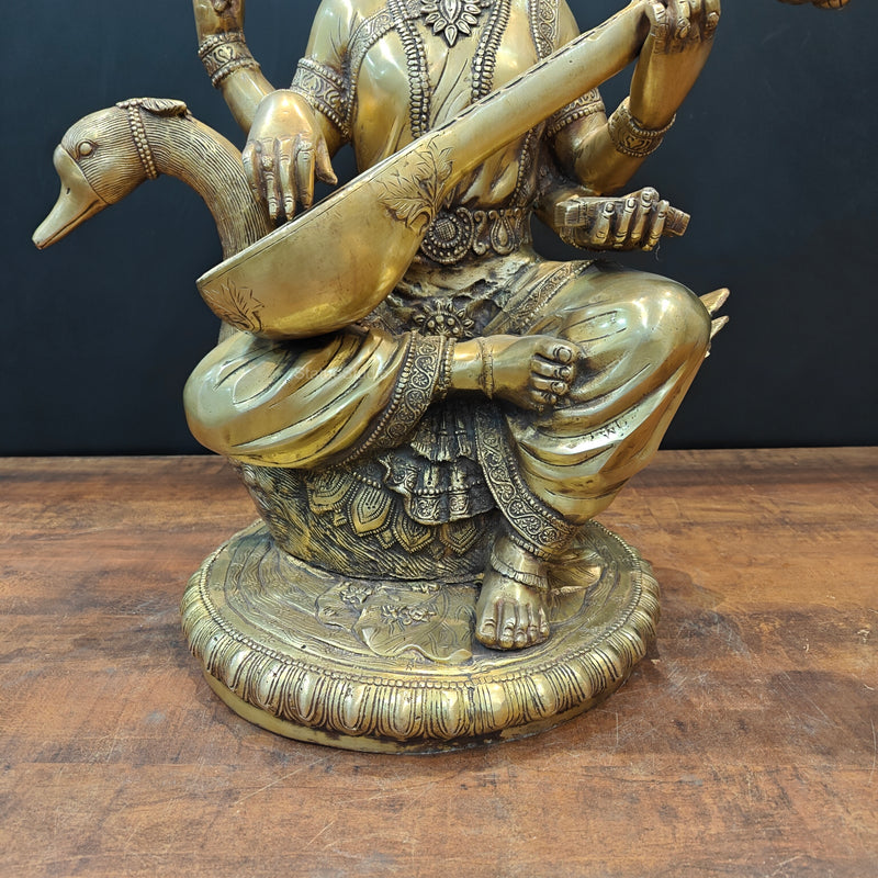 Brass Large Saraswati Statue On Swan Playing Veena 2 Feet