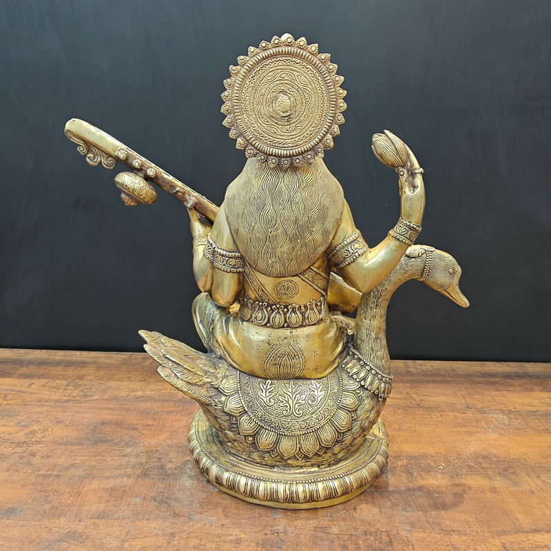 Brass Large Saraswati Statue On Swan Playing Veena 2 Feet