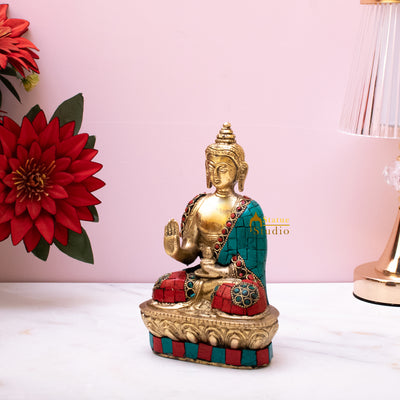 Brass Small Sitting Buddha Statue Stone Work For Home Decor Showpiece 7"