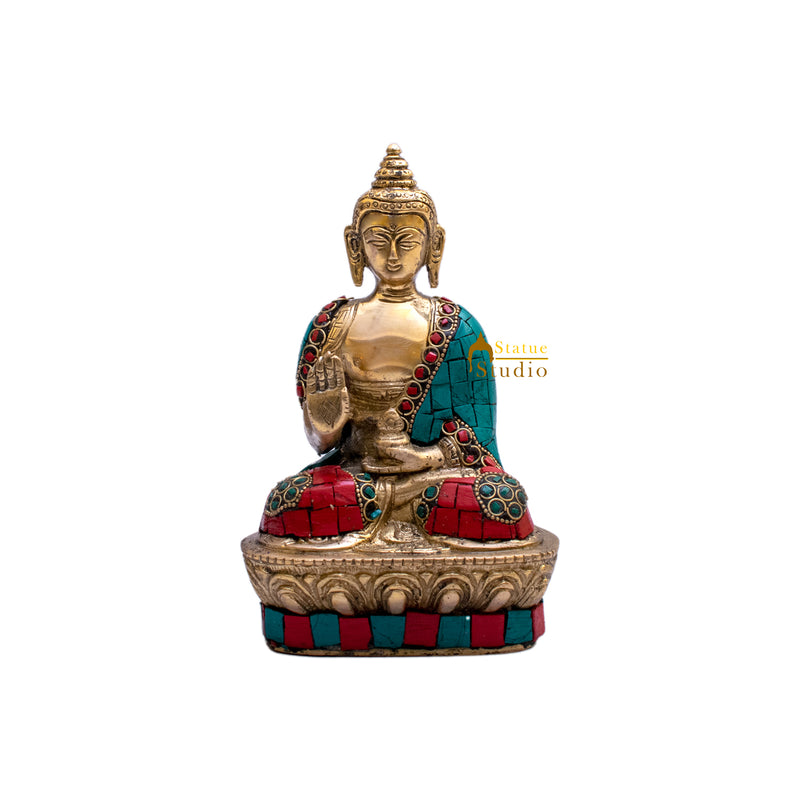 Brass Small Sitting Buddha Statue Stone Work For Home Decor Showpiece 7"