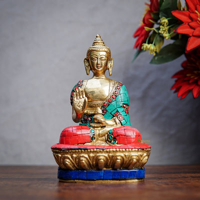 Brass Small Sitting Buddha Statue Stone Work For Home Decor Showpiece 7" - 60600