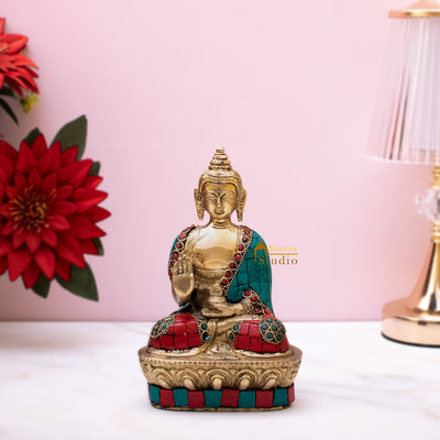 Brass sitting bronze buddha statue tibet chinese buddhist medicine sculpture 7" - SKU - 60600