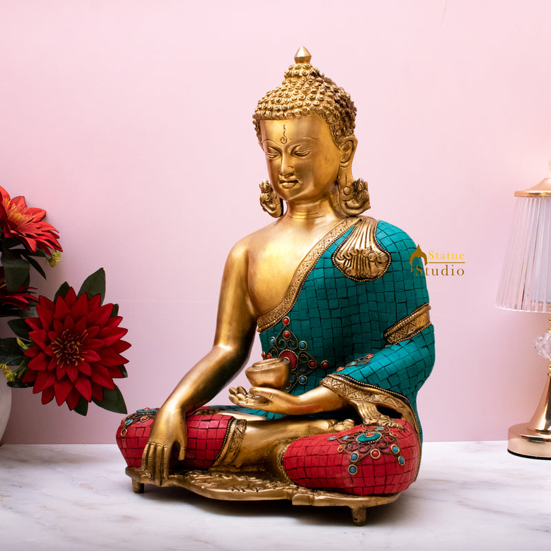 Brass Buddha Idol Stone Work Earth Touching Mudra For Home Decor Showpiece 15"