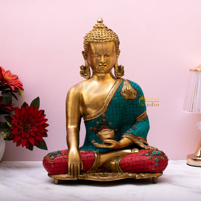 Brass Buddha Idol Stone Work Earth Touching Mudra For Home Decor Showpiece 15" - 62800