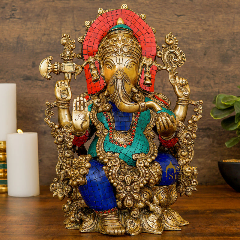 Brass Ganesha Statue Sitting On Lotus Stone Work For Home Décor 16" - 63300