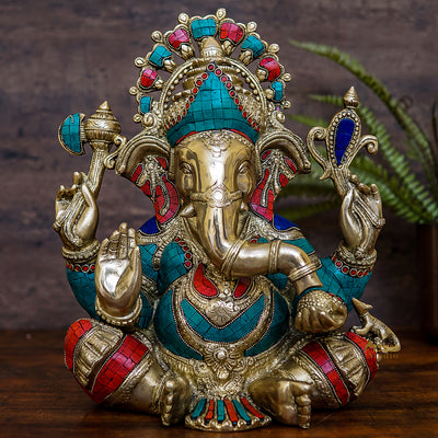 Brass Large Sitting Ganesha Statue Stone Work For Home Decor 1.5 Feet - 63400