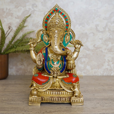 Brass Large Ganesha Idol Sitting On Base Stone Work For Home Decor 1.5 Feet - 63500