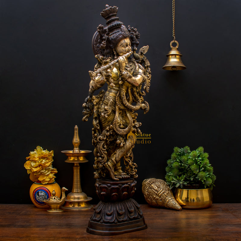Brass Krishna Statue in Antique Finish 29" by StatueStudio