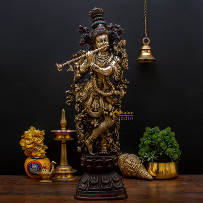 Brass Krishna Statue Antique Finish For Home Decor Showpiece 29" - 65200