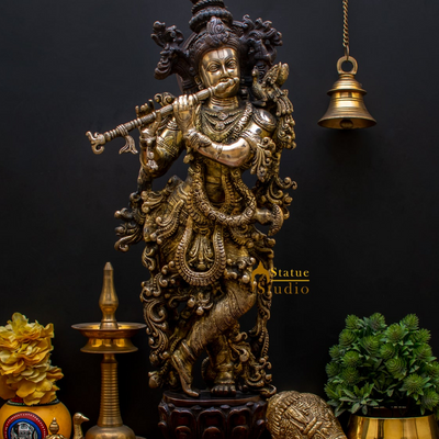 Brass Krishna Statue in Antique Finish 29" by StatueStudio