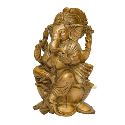 Brass Lord Ganesha Statue Sitting On Lotus Religious For Home Decor 10"