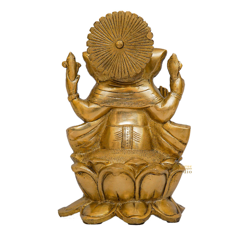 Brass Lord Ganesha Statue Sitting On Lotus Religious For Home Decor 10"