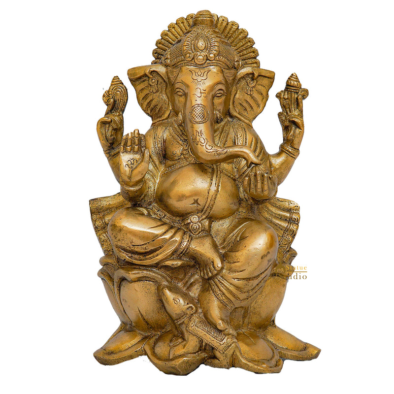 Brass Lord Ganesha Statue Sitting On Lotus Religious For Home Decor 10"