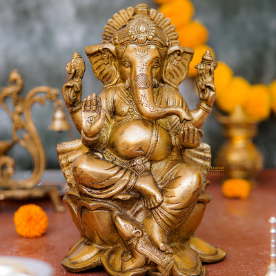 Brass Lord Ganesha Statue Sitting On Lotus Religious For Home Decor 10" - 85300