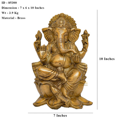 Brass Lord Ganesha Statue Sitting On Lotus Religious For Home Decor 10"