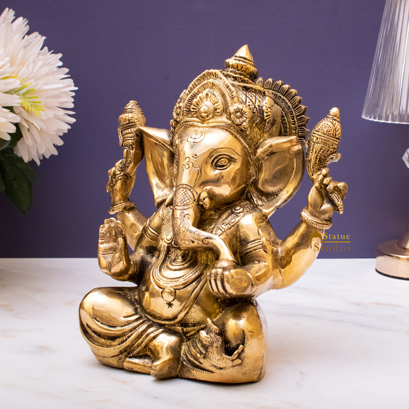 Brass Sitting Ganesha Statue Showpiece For Home Decor Gift 10"