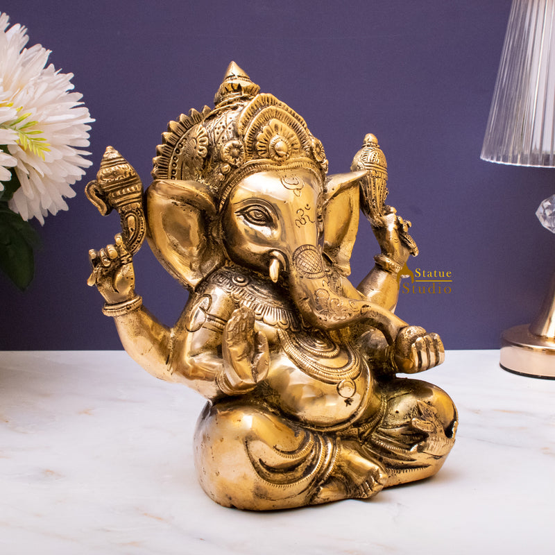 Brass Sitting Ganesha Statue Showpiece For Home Decor Gift 10"