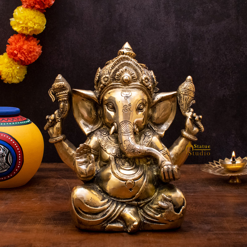 Brass Sitting Ganesha statue Showpiece For Home Decor Gift 10" - 87000