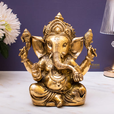 Brass Sitting Ganesha Statue Showpiece For Home Decor Gift 10"