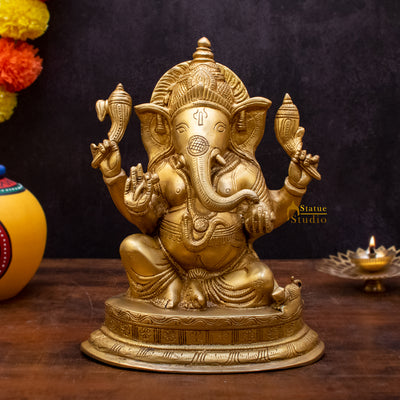 Brass Ganesha Statue Sitting On Base For Home Decor Showpiece 10" - 94400