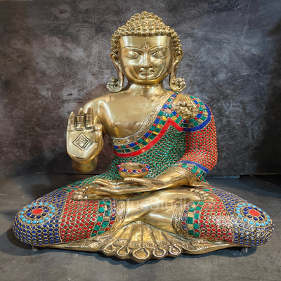 Brass Blessing Buddha Idol Stone Work For Home Decor 19" - 463086