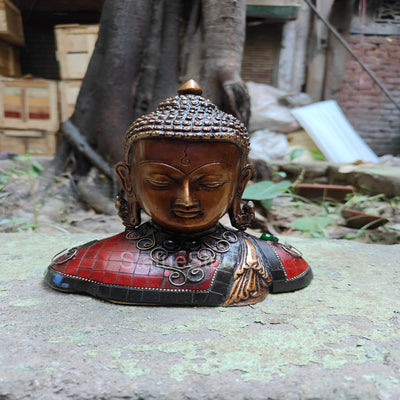 Brass Buddha Bust Idol Antique Stone Work For Home Decor 7" - 463080
