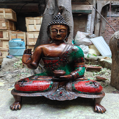Brass Buddha Statue in Blessing Abhaya Mudra Antique Stone Work For Home Decor 20" - 463074