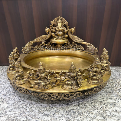 Brass Ganesha Ashtalakshmi Urli Antique Finish For Home Temple Decor Gift Showpiece 16" - 463119