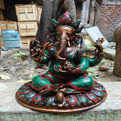 Brass Ganesha Statue Antique Stone Work For Home Temple Decor 1.5 Feet - 463075